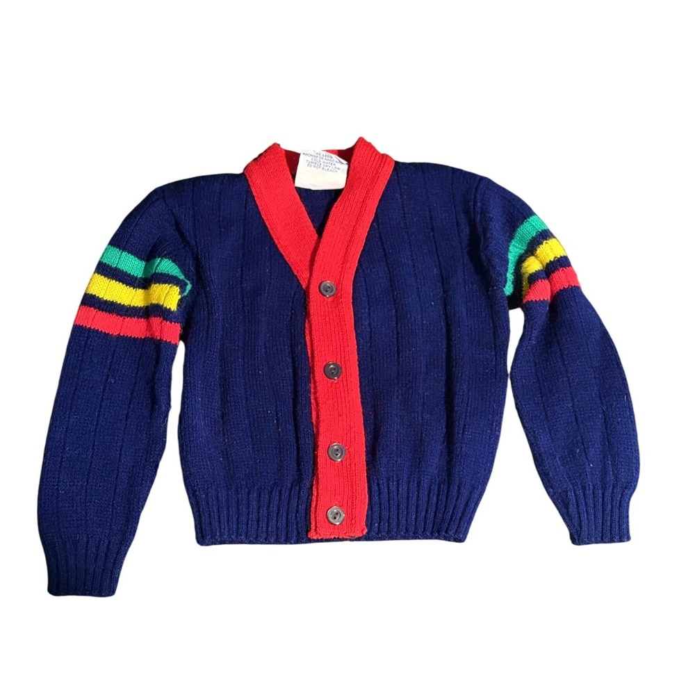 Little Funky Vintage Kids Cardigan Navy Blue Rainbow Stripe Made in USA Retro